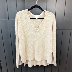 Umgee Beige V-Neck Sweater with Button Detail